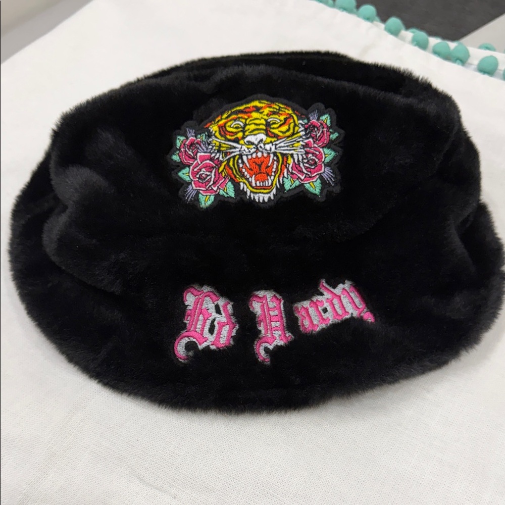 Ed Hardy Black Faux Fur Hat